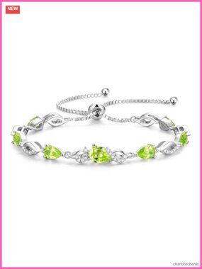 Sterling Silver Peridot Teardrop Tennis Bracelet Adjustable Fine Jewelry